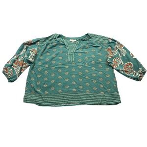 Knox Rose Teal Green Floral Boho Split Neck Blouse XXL 3/4 Sleeve Plus Size Top
